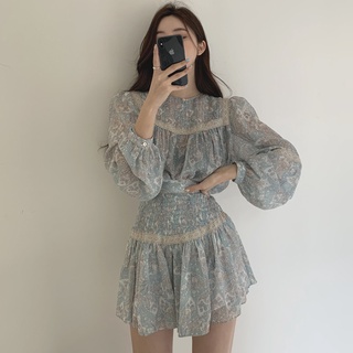 Set váy áo bánh bèo thu đông họa tiết hoa màu xanh nhạt chất vải voan bồng bềnh nữ tính - Sản phẩm xuất xứ Hàn Quốc