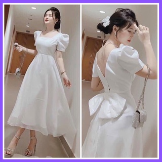 Váy Thiết Kế Nơ Lưng Chữ A, Váy xòe chữ a trắng cổ vuông tay bồng - ThoiTrangPuza