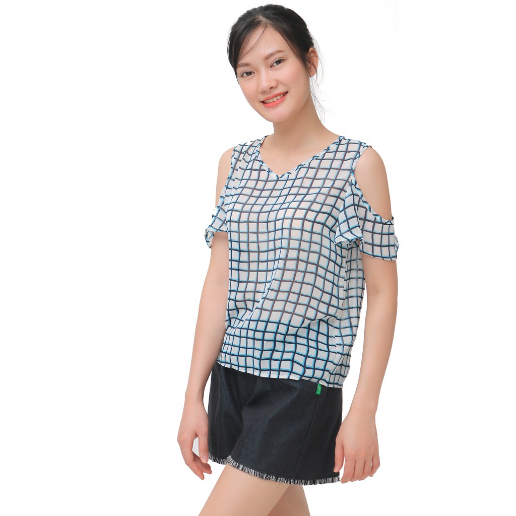Áo kiểu nữ ô vuông kẻ xanh đen Narsis L9019