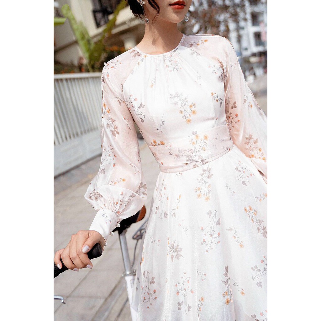 [Mã WAMT1505 giảm 10K đơn 0K] Đầm Hoa Nhí Vintage ❤️FREESHIP❤️ Dáng Xòe Cổ Tròn Tay Dài Phồng Nhún Ngực | BigBuy360 - bigbuy360.vn