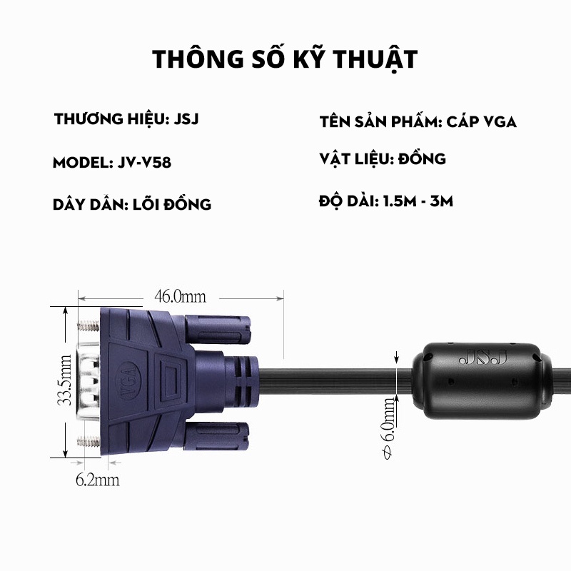 Dây cáp VGA JB-V58 JSJ thiết kế bề ngoài mạnh mẽ được trang bị vòng từ tính kép loại bỏ những tín hiệu xấu