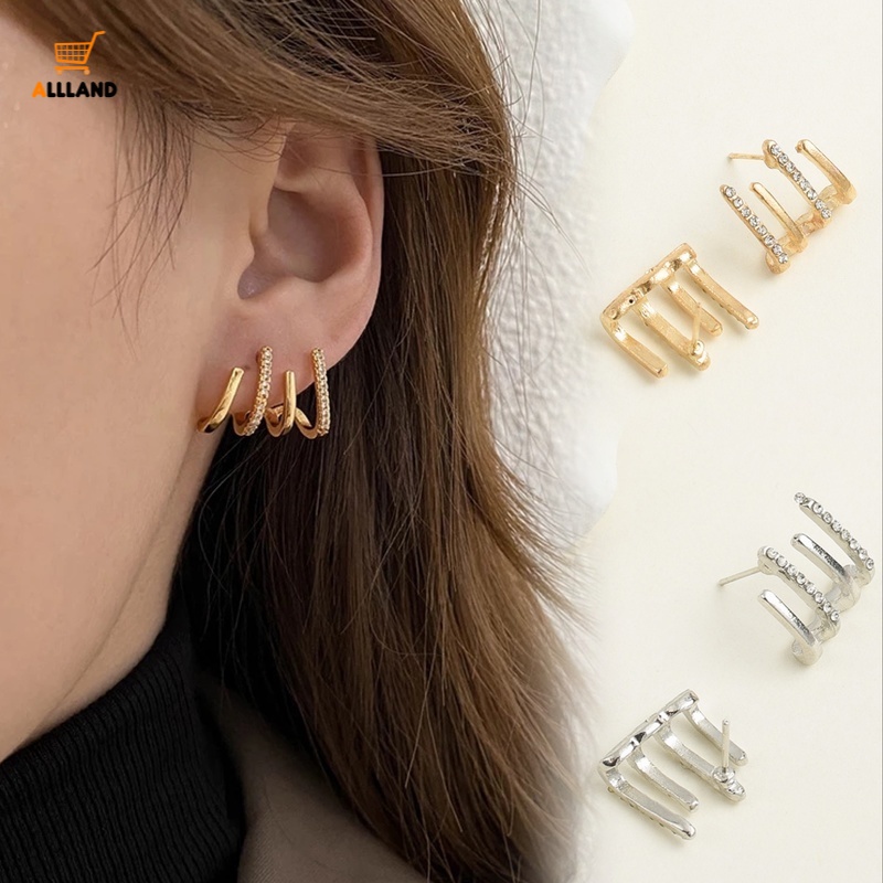 Khuyên Tai Kim Loại Nhiều Lớp Hình Chữ C Đính Đá Thời Trang Cho Nữ