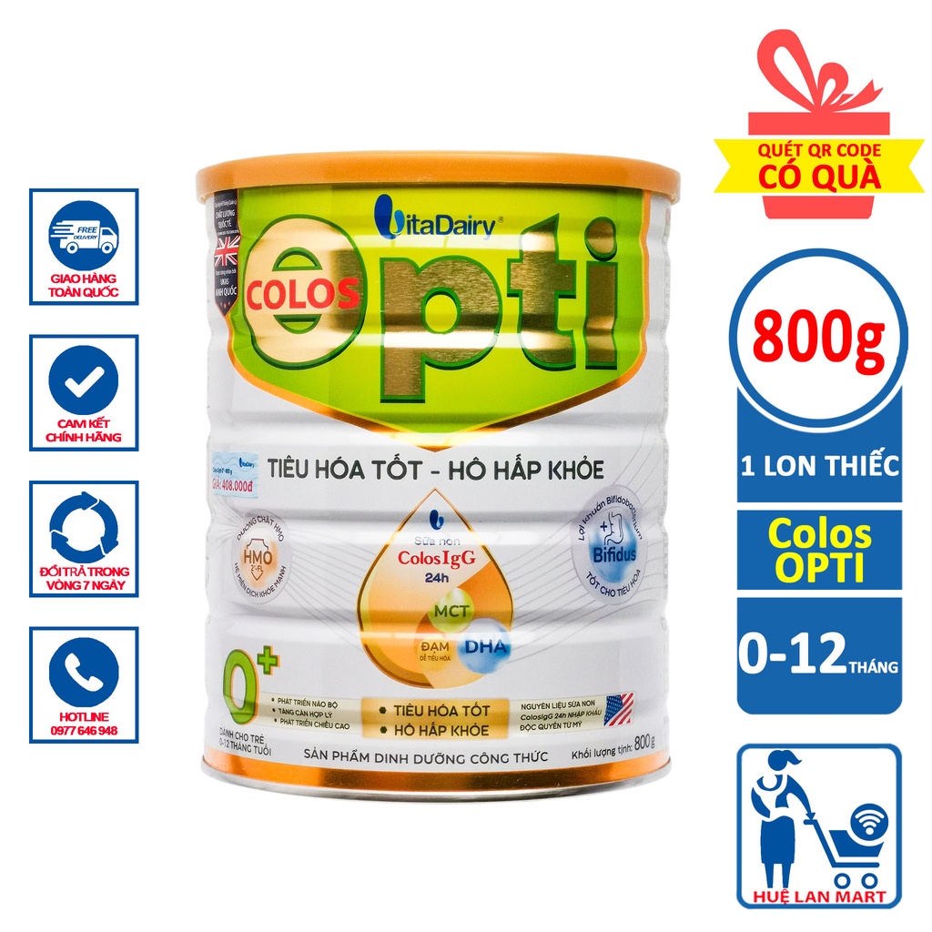 Sữa bột Vitadairy Colos Opti số 0+ hộp 800g tiêu hóa tốt, hô hấp khỏe, phát triển não bộ, chiều cao