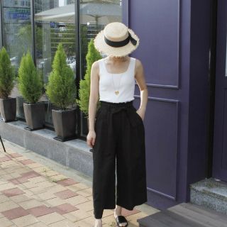 Quần Culottes cạp chun thắt lơ vải đũi
