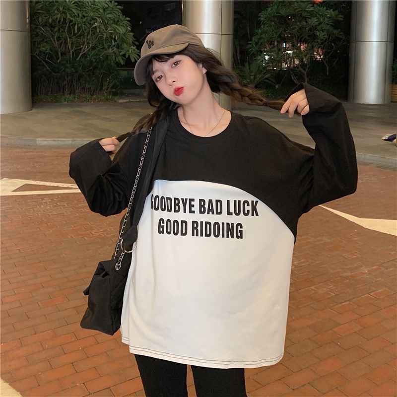 【ZHELIHANGFEI】Áo Thun Dài Tay Giả Hai Lớp In Chữ Phong Cách Preppy