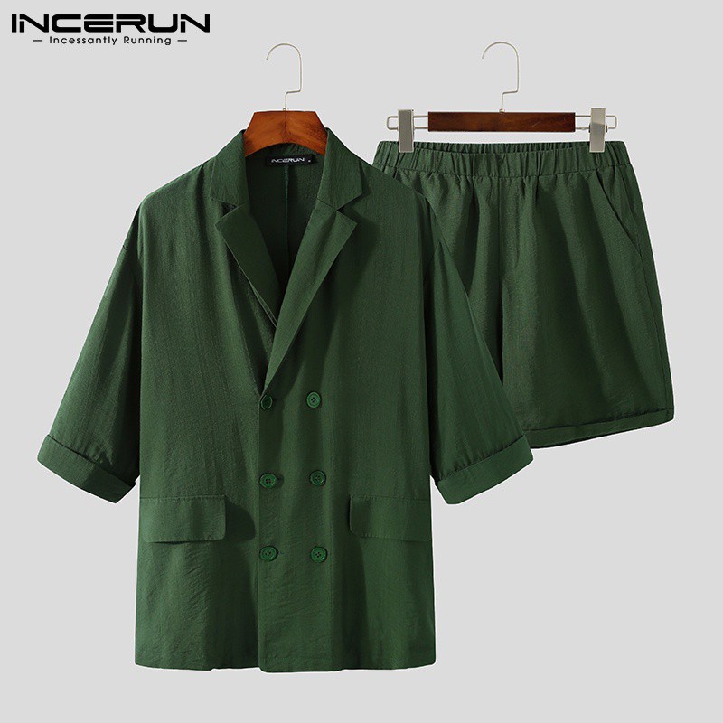 Bộ áo blazer tay lỡ + quần short co giãn INCERUN thời trang Hàn Quốc cho nam