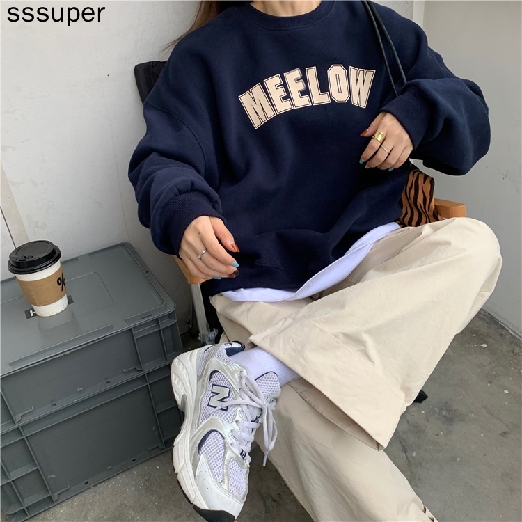 Áo Sweater Nhung Cổ Tròn Dáng Rộng In Chữ Thời Trang Xuân Thu Dành Cho Nữ