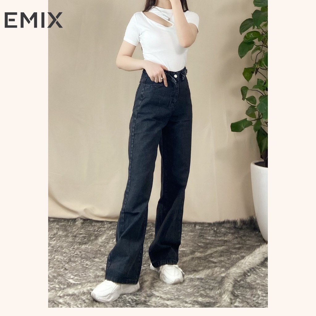 Quần jean nữ đi học EMIX (2 màu),  dáng suông dài, cạp cao, đai tròn, vải loại 1 giặt không phai màu 9003
