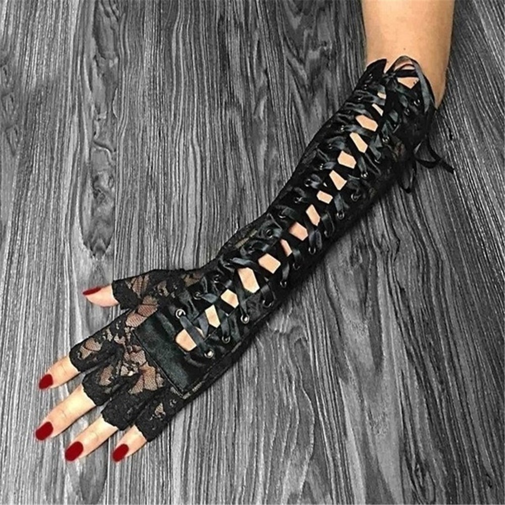 CACTU 1 Pair Women Punk Gothic Mittens Night Club Lace Gloves Halloween Gloves Party Cosplay New Fashion Long Ritual Dance Fingerless Silk Ribbon