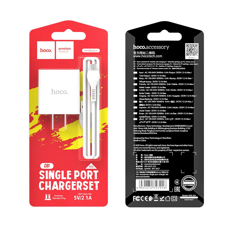 Bộ sạc cáp Hoco C81, cổng ra USB 2.1A dây sạc dài 1m