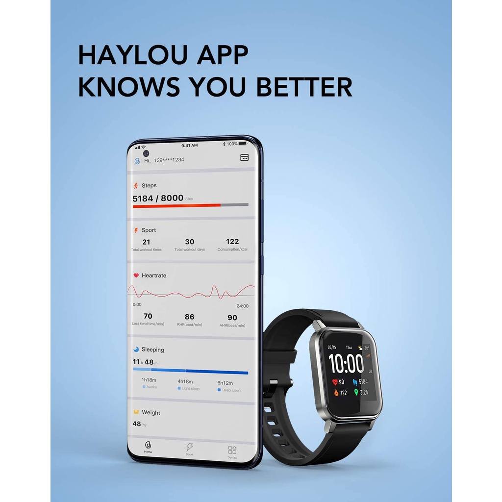 Đồng hồ thông minh Haylou LS02 - Đo nhịp tim, theo dõi nhiều môn thể thao, kháng nước IP68, tương thích iOS &amp; Android