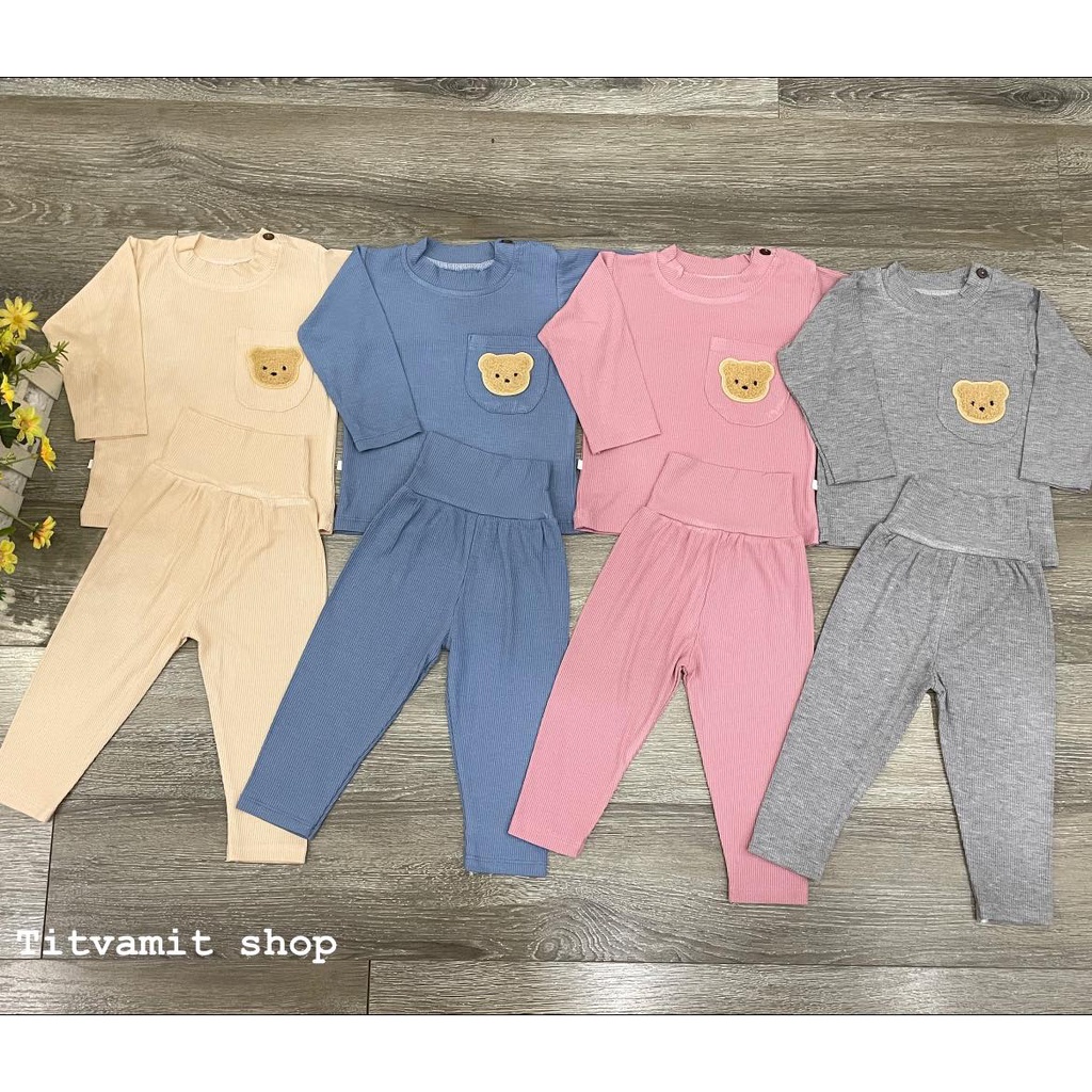 Bộ dài minky mom cài vai tăm lụa cạp cao hình gấu, bộ cạp cao thu đông cho bé sơ sinh