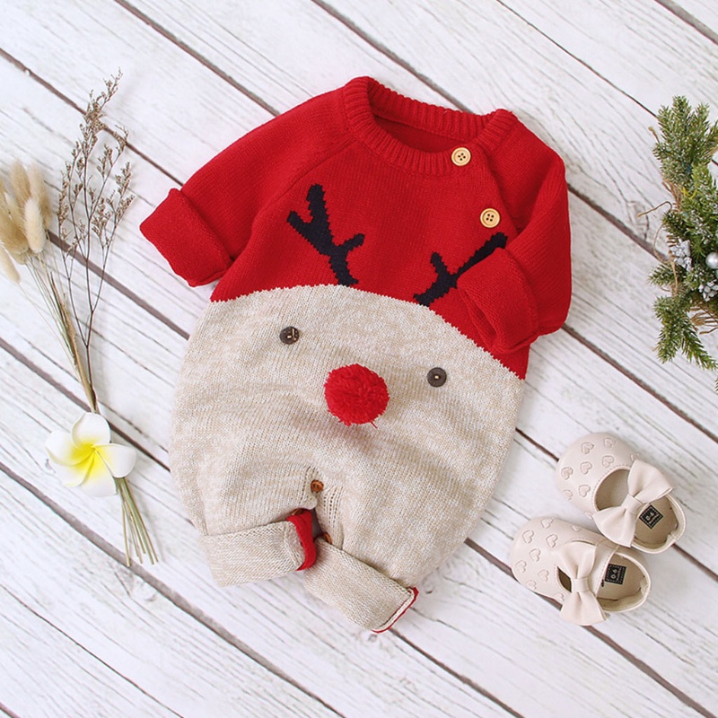 Bộ Áo Liền Quần Dệt Kim Tay Dài In Họa Tiết Tuần Lộc Hoạt Hình Dễ Thương Thời Trang Xuân