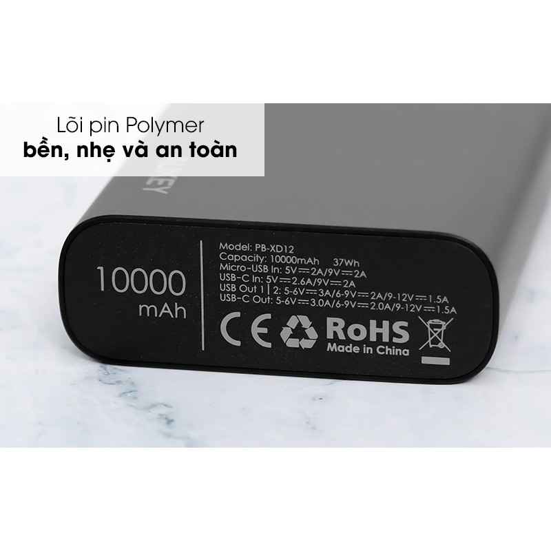 [Mã 33ELSALE hoàn 7% đơn 300K] Pin sạc dự phòng Polymer 10.000mAh Type C PD QC3.0 Aukey PB-XD12 Đen