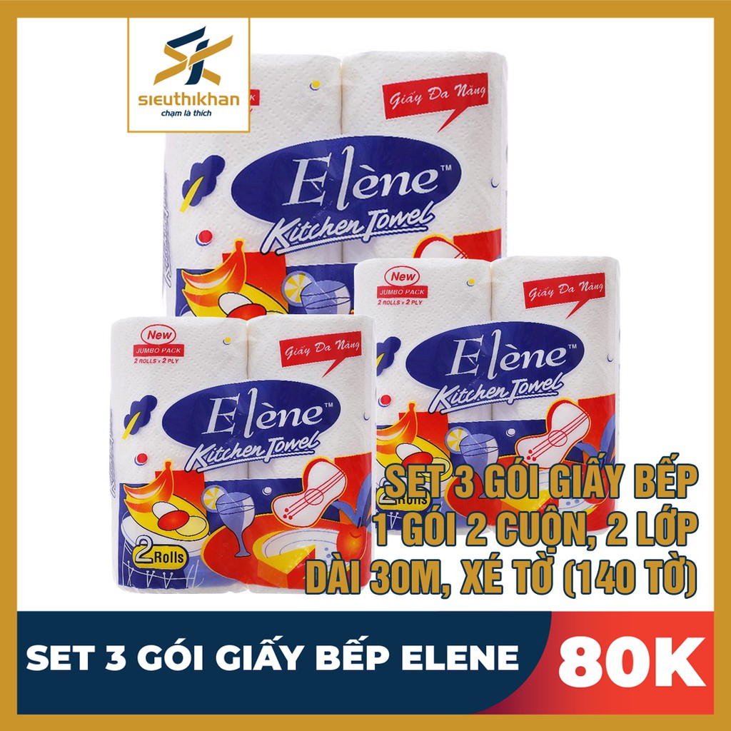 Giấy lau bếp, thấm dàu Elene &gt; Túi 2 cuộn, 2 lớp, dài 30M