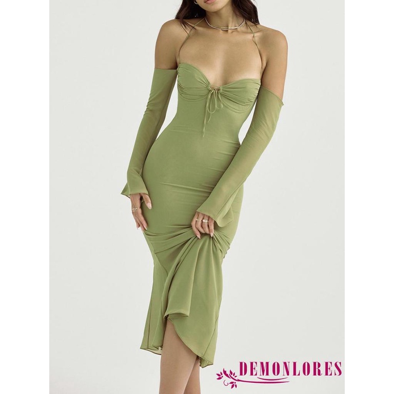 Đầm Đuôi Cá Tay Dài Cổ Khoét Sâu Màu Sắc Trơn Thanh Lịch Cho Nữ