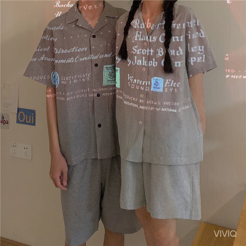 [Spot]  Korean Style Plaid Homewear Suit Short Sleeve Shirt Top Shorts Pants Women's Summer Couple Pajamas Two-Piece Suit  ✨VIVIQ