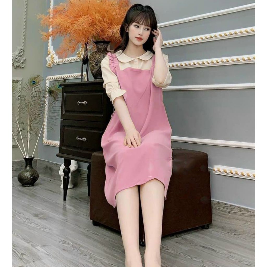 Váy bầu yếm liền tay lỡ thời trang thiết kế M420 chất cát hàn freesize từ 45 đến 70kg