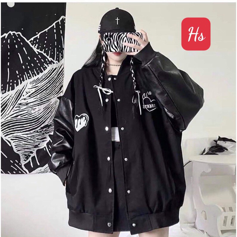 Áo Khoác, Áo Bomber Trái Tim Lar Chất Nỉ Phối Tay Da Unisex Daisy Boutique SP000721