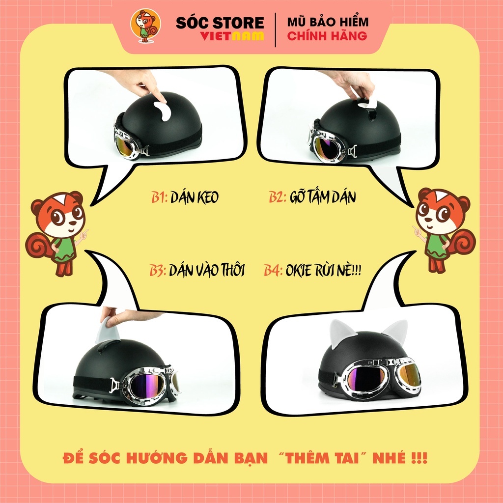Tai mèo gắn, custom mũ bảo hiểm nửa đầu, 3 phần 4, siêu xinh Sóc Store