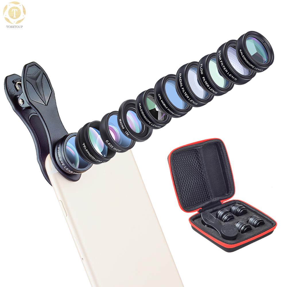 Shipped within 12 hours】 APEXEL 10 in 1 Phone Camera Lens Kit with 0.63X Wide Angle + 15X Macro + 198°Fisheye + 2X Telephoto + CPL + Star Filter + Radial Filter + Flow Filter + Kaleidoscope 3 + Kaleidoscope 6 Compatible with Android iPhone Smartphon [TO]