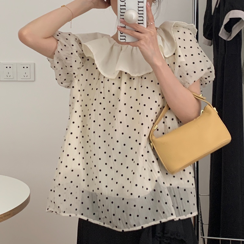 Áo kiểu nữ Trễ vai Thiết kế Hàn Quốc sang chảnh đẹp Áo nữ kiểu cổ sen chấm bi Bánh bèo Phong cách Pháp Cao cấp