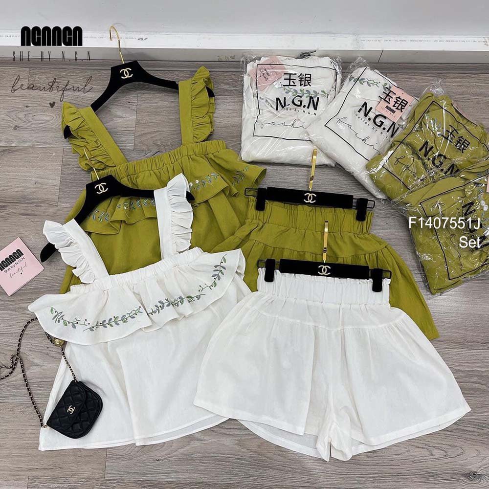 Set bộ thô áo phối bèo ngực thêu hoa tay cánh tiên kèm quần short!
