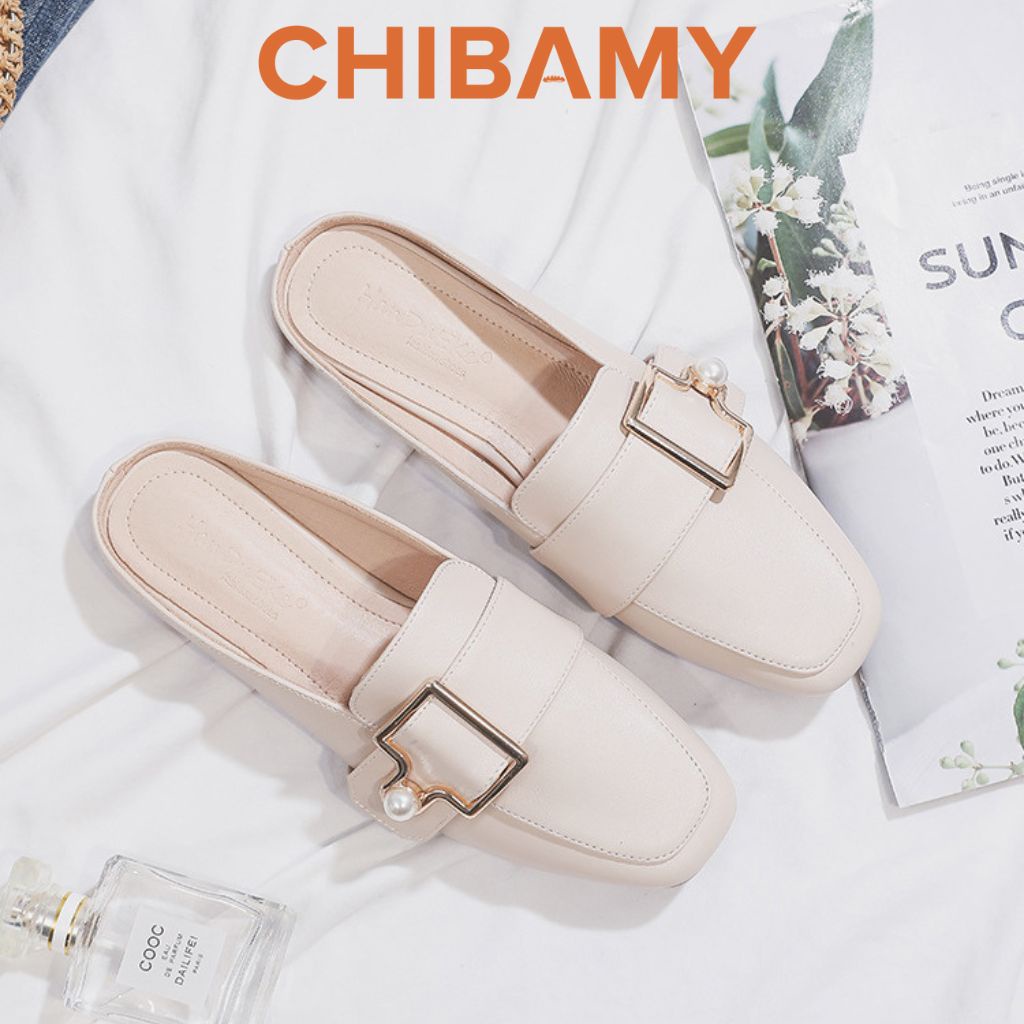Sục Nữ da mềm đế bệt gắn khuy ngọc, Sục thời trang nữ mũi vuông nhẹ nhàng nữ tính