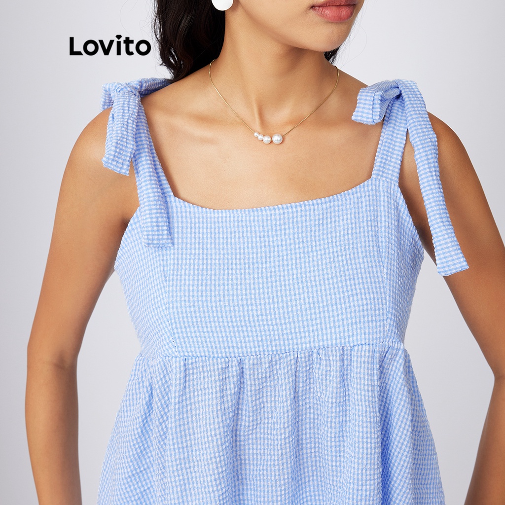 Lovito Bộ quần short xếp nếp xếp ly kẻ sọc phía trước dễ thương L21AS092 (Xanh lam)