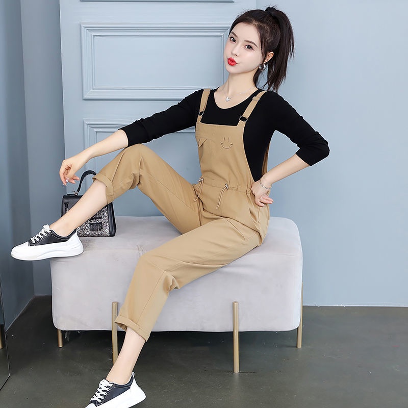 [Qianyi] 2022 new western style khaki suspender pants women's slimming spring and autumn straight pants age-reducing suspender two-piece suit | BigBuy360 - bigbuy360.vn