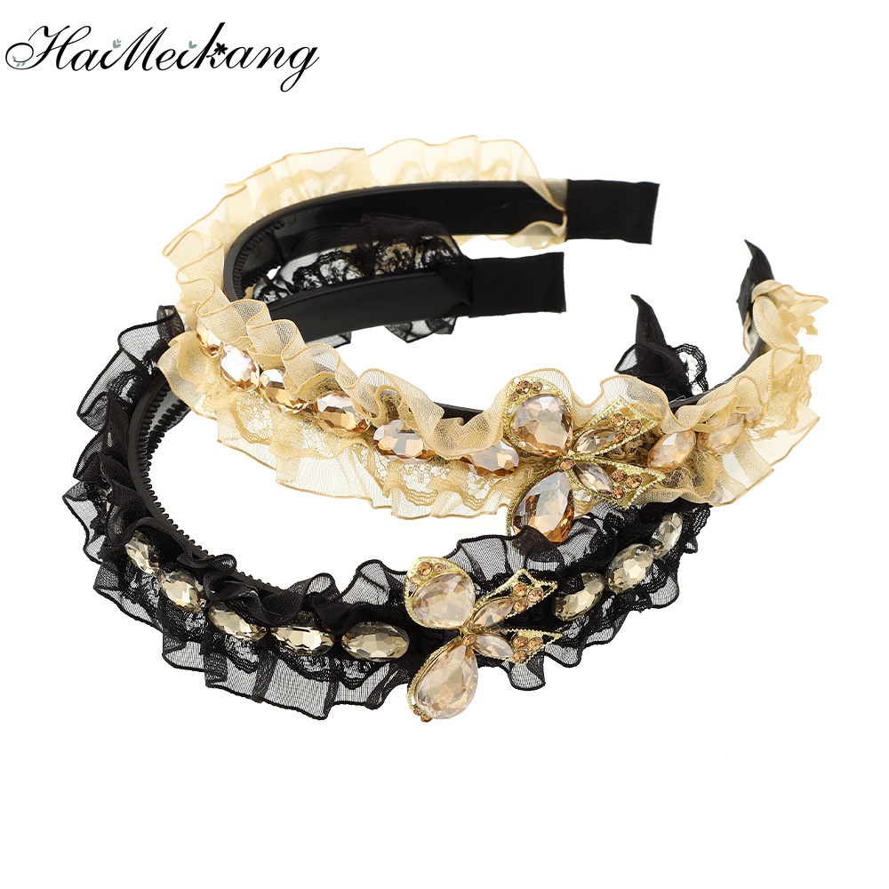 Cài tóc Haimeikang vải organza bản rộng thắt nút đính đá quý và ngọc trai đơn giản gấp lại được cho nữ