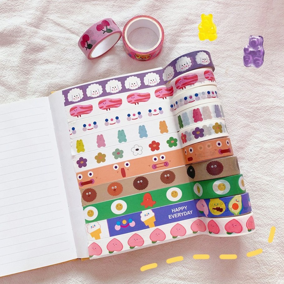 Washi tape cute hình vẽ, chữ viết dễ thương, băng keo giấy nhiều họa tiết màu sắc trang trí sổ tay, dụng cụ học tập