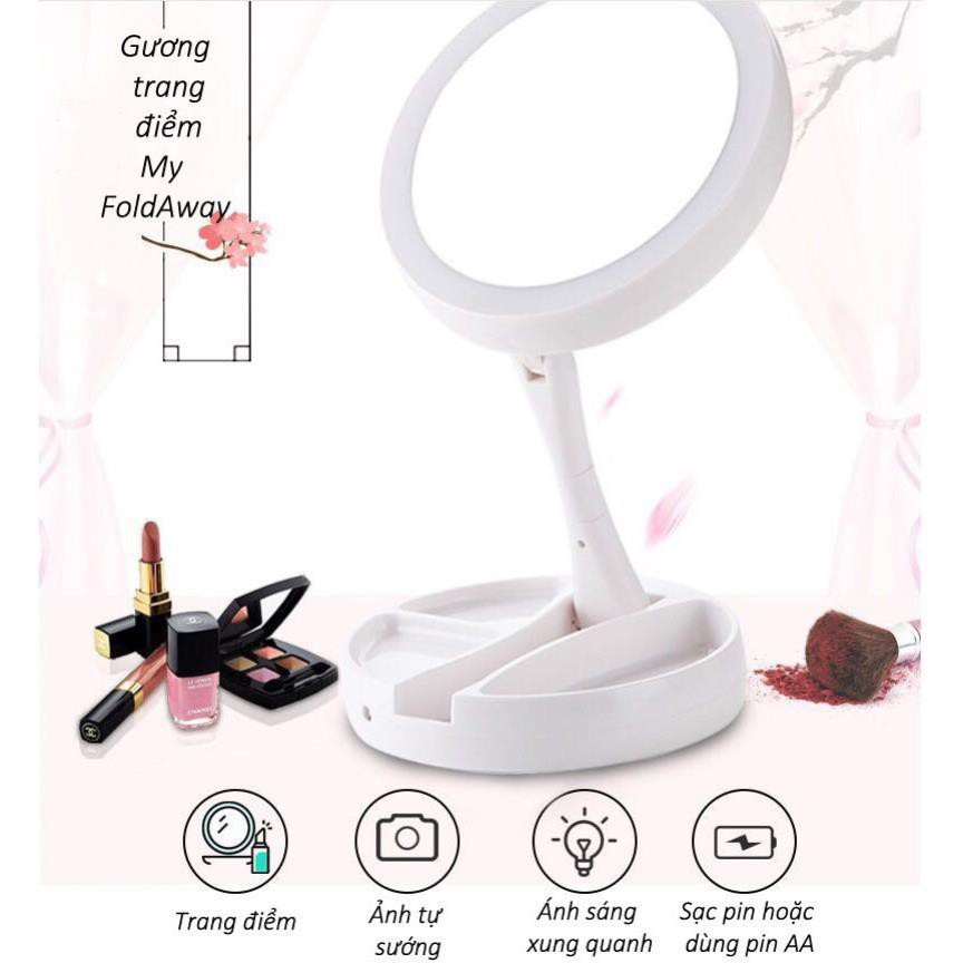 [Hàng loại 1] Gương trang điểm để bàn phấn có đèn led sạc 2 mặt xoay 360 độ mini gấp gọn