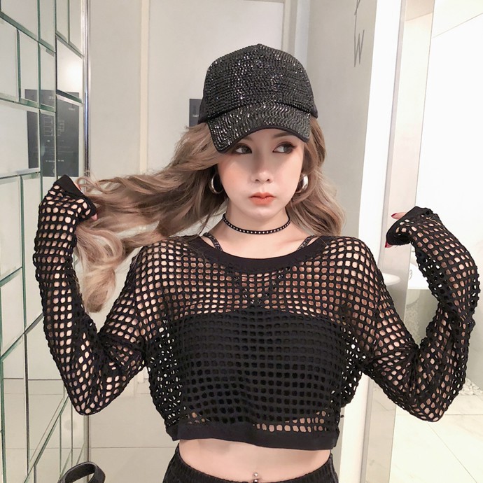 Croptop lưới tay dài màu đen siêu sexy khoe eo thon gợi cảm