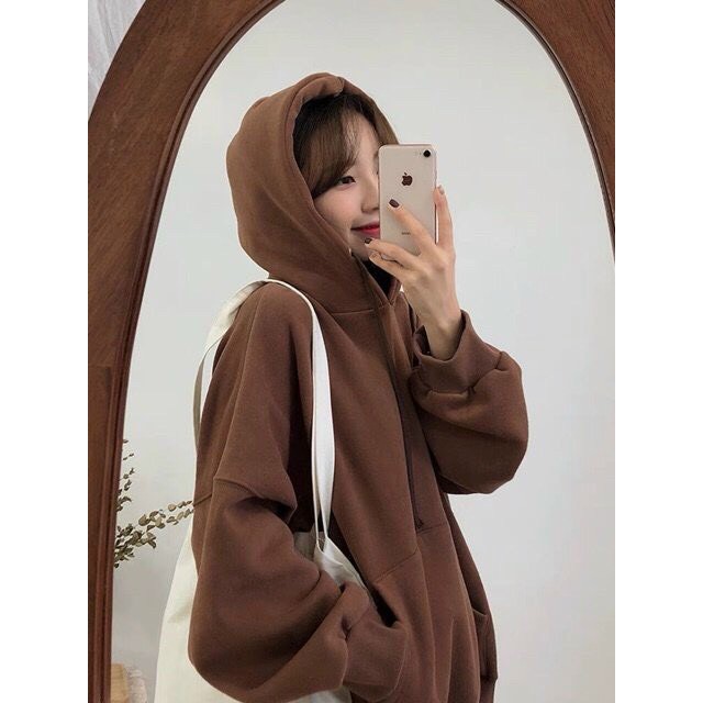 Áo khoác hoodie nâu trơn form rộng unisex nam nữ - SHOP MAYLAN