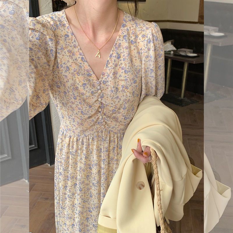 Đầm Chiffon Tay Phồng Dài In Họa Tiết Hoa Phong Cách Pháp Thời Trang Mùa Đông Cho Nữ