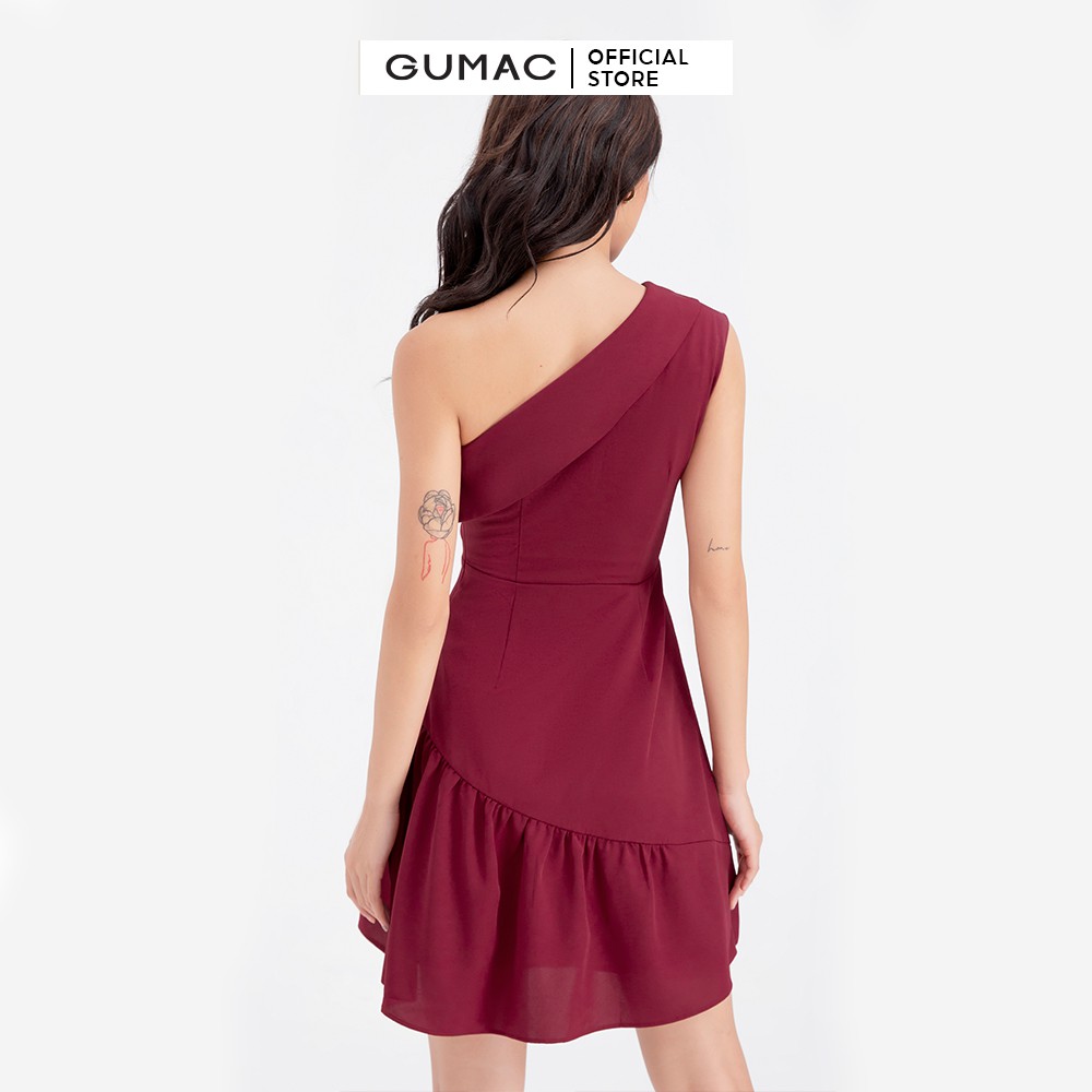 [Mã MABR07062 giảm 8% tối đa 50K đơn từ 249K] Đầm xòe nữ lệch vai phối bèo GUMAC màu đỏ hở vai quyến rũ DB688 | BigBuy360 - bigbuy360.vn
