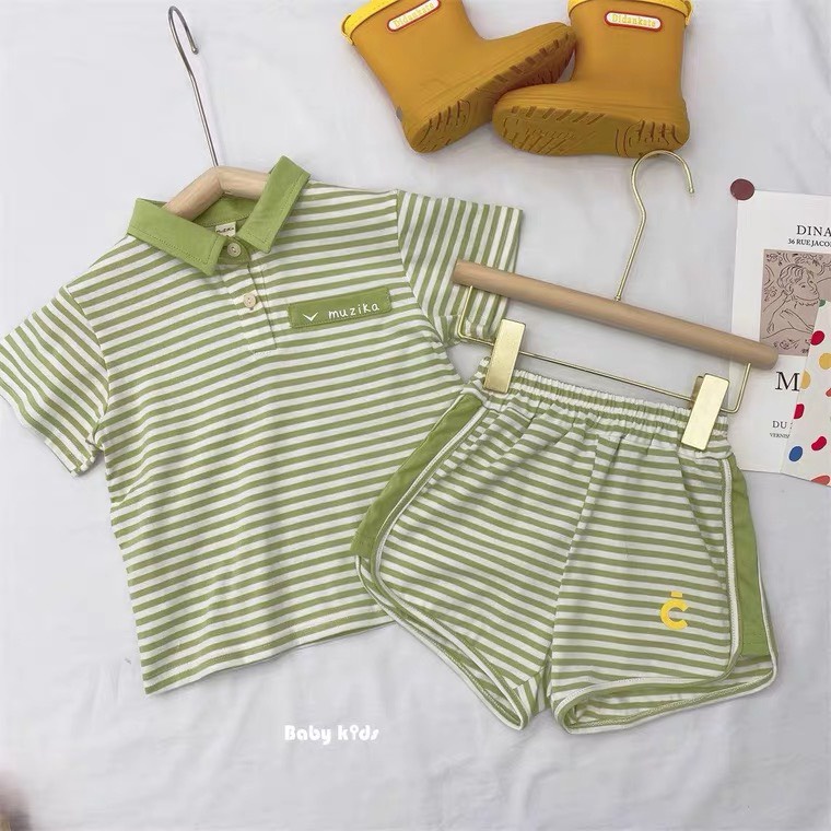 Bộ Cộc Tay Polo Kẻ Chất Liệu Cotton Polo Chun Cho Bé Trai Và Bé Gái Từ 5Kg Đến 28Kg Thời Trang trẻ Em Tin Store