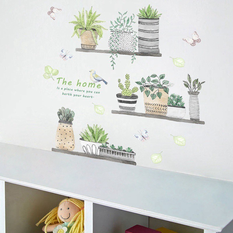 Nhãn dán tường kiểu chậu cây dễ thương trang trí phòng cỡ 90*30 cm