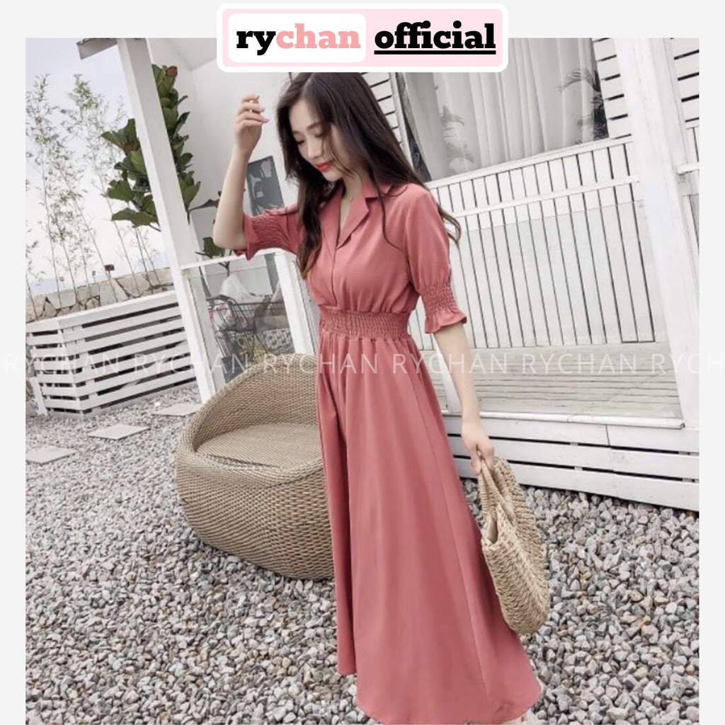[ẢNH THẬT CUỐI] Đầm Xòe Hồng Dáng Dài Cổ Vest Nhún Eo - DX245