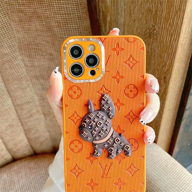 Ốp điện thoại màu cam viền kim loại họa tiết chú cún thích hợp cho iPhone 13 12 11 Pro Max XS Max XR X 8 7 Plus