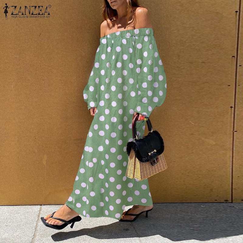 Đầm maxi Zanzea dài tay trễ vai họa tiết chấm bi thời trang thích hợp cho nữ
