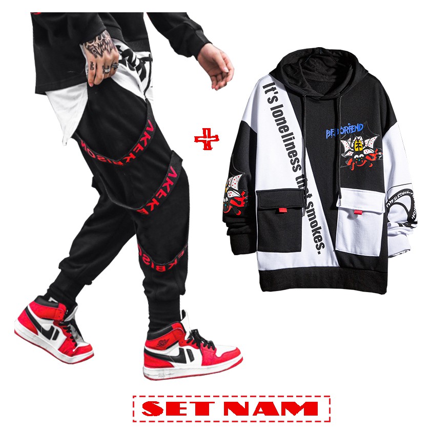 Bộ Đồ Nam Chất Thun Áo Hoodies Túi Hộp BF.BORFEND Kết Hợp Quần Jogger Phối Dây Chữ Trẻ Trung SET NAM 9000088