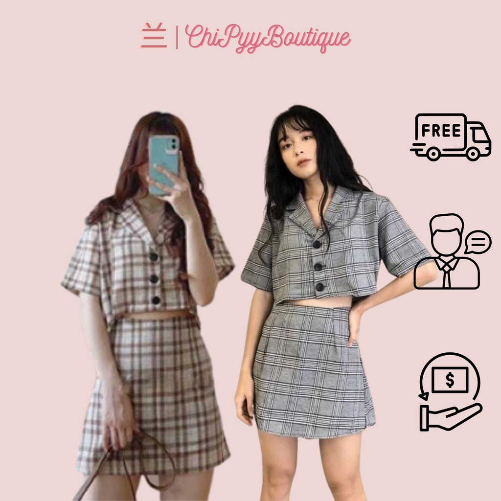 Set bộ croptop sơ mi nút kẻ sọc caro tay ngắn form rộng dáng ngắn kèm chân váy ngắn dài trên đầu gối có lót trong 4 màu