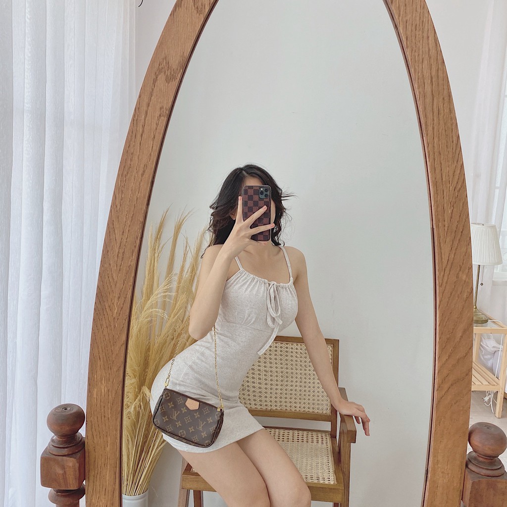 Đầm body nữ sát nách HHVINTAGE kiểu yếm khoen cột thun co giãn Dress A85