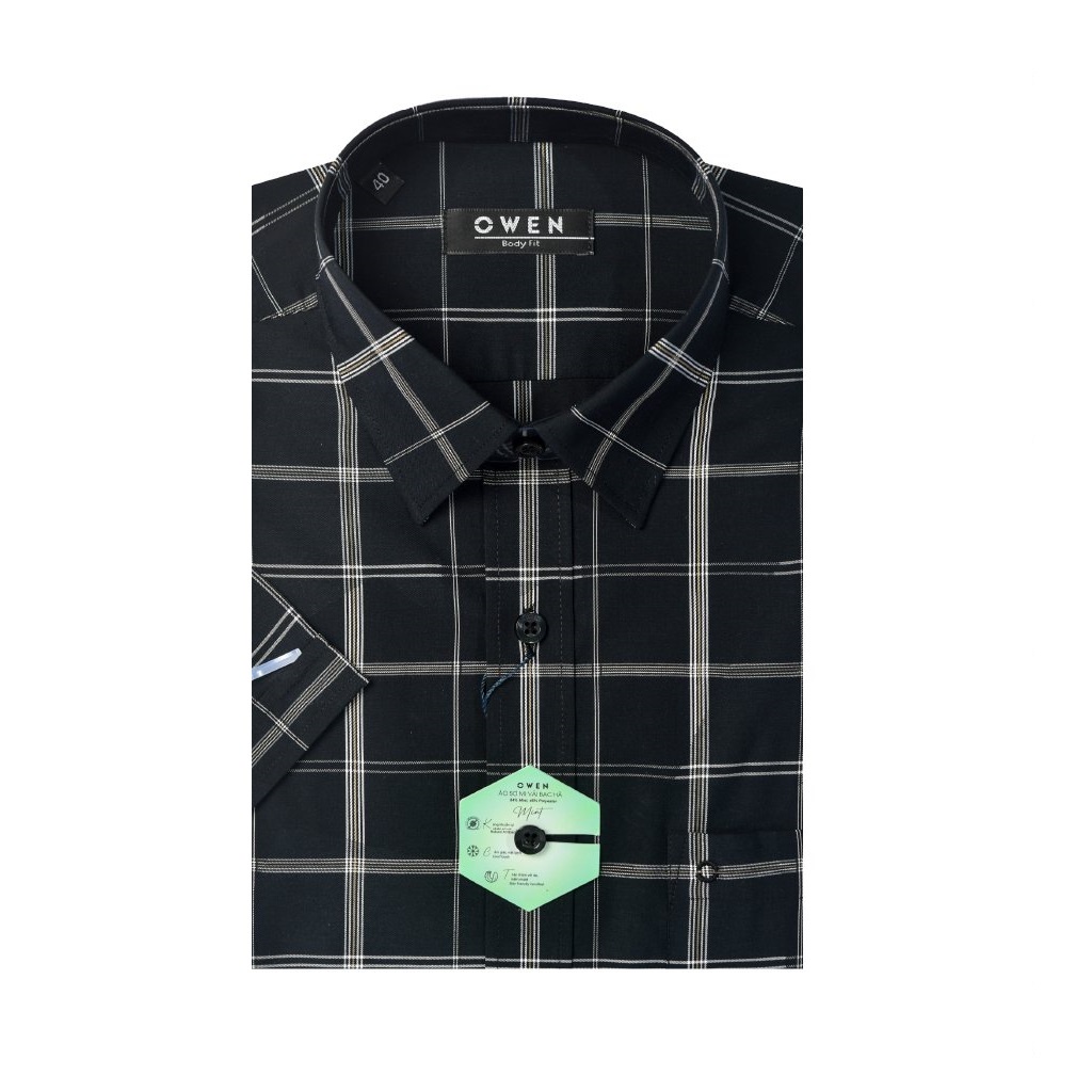 Áo Sơ Mi Nam Ngắn Tay OWEN BA220407NT Somi Công Sở Cao Cấp Màu Đen Kẻ Caro Trắng Nâu Vải Bạc Hà Dáng Body Fit Tà Bằng
