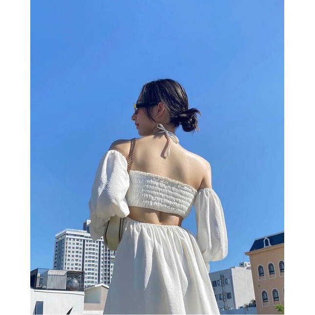 [ SẴN MÀU XANH/TRẮNG] ĐẦM  TRỄ VAI TAY DÀI  DÂY CỔ YẾM CUTOUT LƯNG KTGIMI ( Kèm ảnh thật)