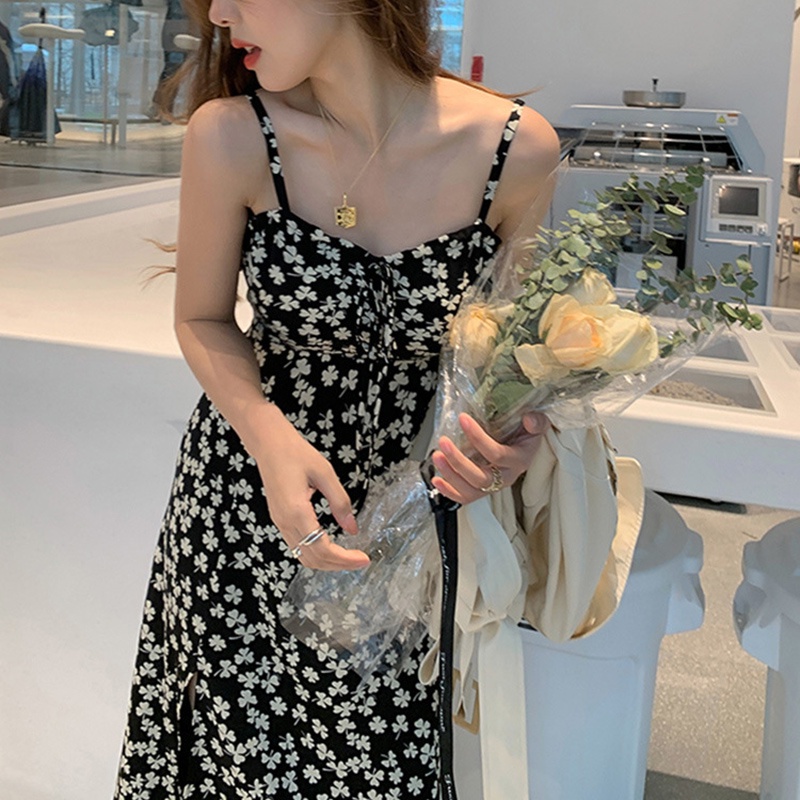 Đầm IELGY hai dây vải chiffon ôm dáng vừa vặn họa tiết hoa thiết kế xẻ tà phong cách Pháp thời trang