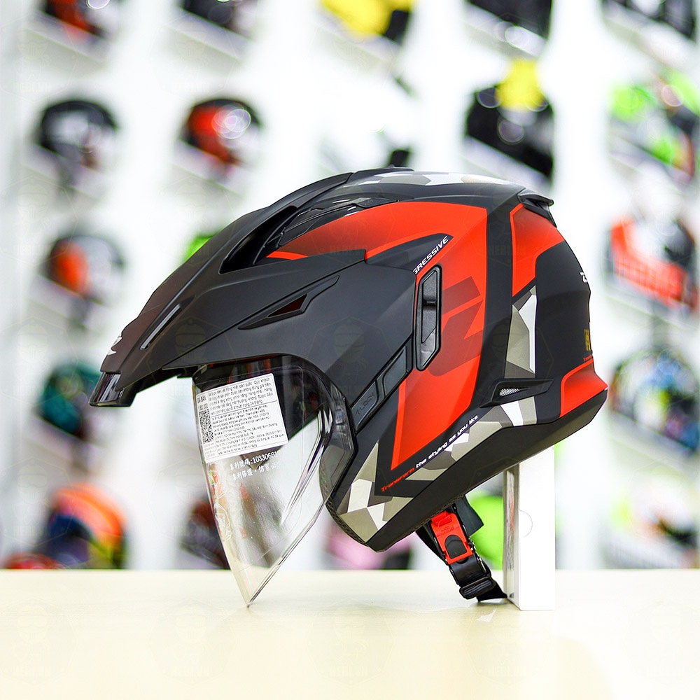 Mũ 3/4 2 Kính Zeus 613B Camo Đỏ Nhám Tặng Kèm Mái Che Có Thể Tháo Rời