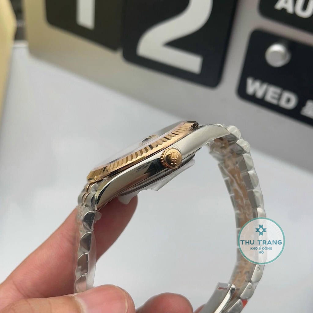 Đồng hồ Nam Rolex máy nhật, mẫu classic, mặt trắng khảm trai viền vàng, dây kim loại, dòng cơ Automatic size 39mm-40mm